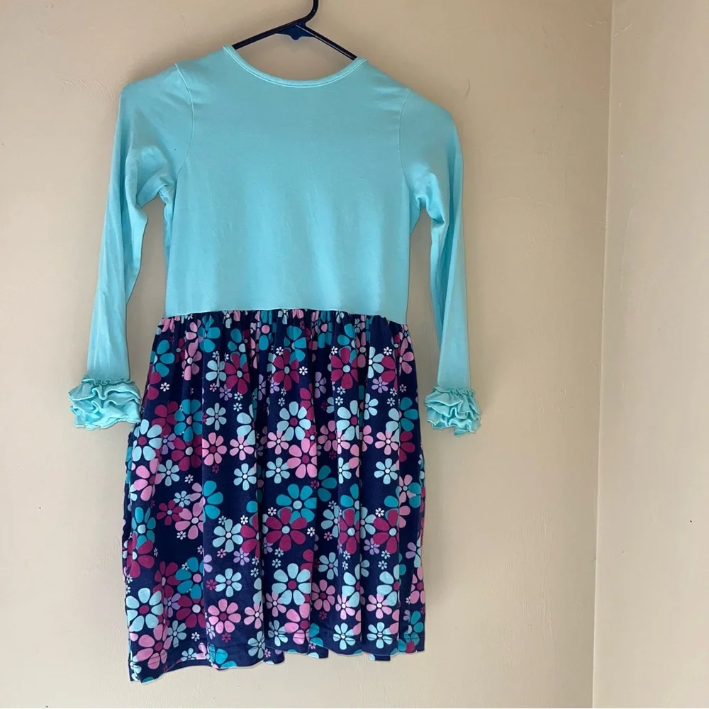 Kelly's Kids 8/10 Aqua & Floral Long Sleeve Dress with Pockets